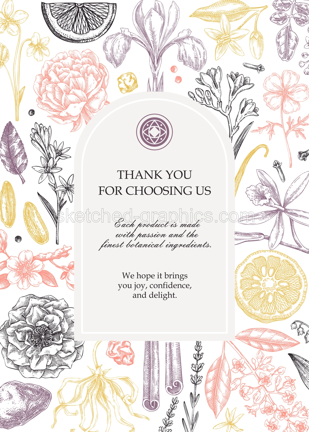Thank you card design, floral invitation template. Vintage perfume and cosmetic hand-drawn vector illustration. Aromatic plants and flower sketches. NOT AI generated Illustration